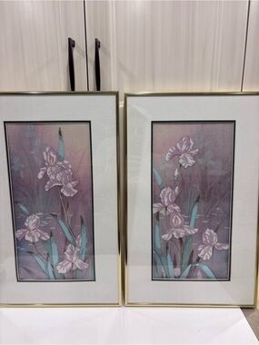 Vintage Framed Hand Cross Stitch Iris Floral Needlework Wall Art – Matching Pair